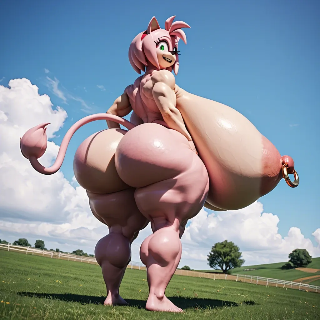 3d, game field, furry Amy Rose, muscle, huge breasts, gigantic nipples, fat ass, huge hips, gigantic pussy, nipple piercing