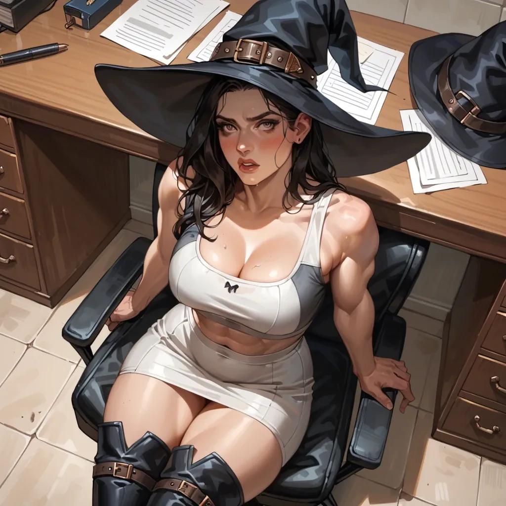 1girl,solo, , , , fisheye view,fat arm folds,big perky boobs,large pectorals,skin blushing, white crop top,black stockings,witch hat,gray sports bra,thigh boots, in office, medieval dress, respectable, dildo sex, photorealistic, bright-lit, spider-gwen, waifu