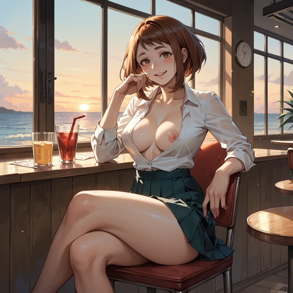 Uraraka Ochako, naughty smile, crossed legs,  sensual,  unbuttoned blouse and pleated miniskirt, sit on a chair in café in Rome, oudoor, sunset, play of shadows, beautiful lighting, subtle pastel tones, 8k