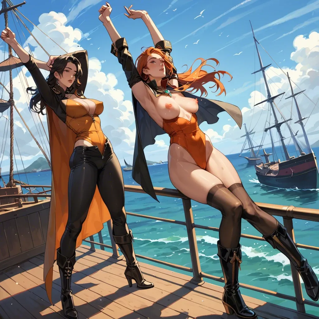 2girl, , , , outstretching,hand on head,puffy nipples,ship,buried knees, red skirt,black leggings,jewelry,orange leotard,black boots, unzipped pants,sexy stockings,cape,highleg leotard,stiletto heels, gymnast, street fighter, princess zelda, wonder woman