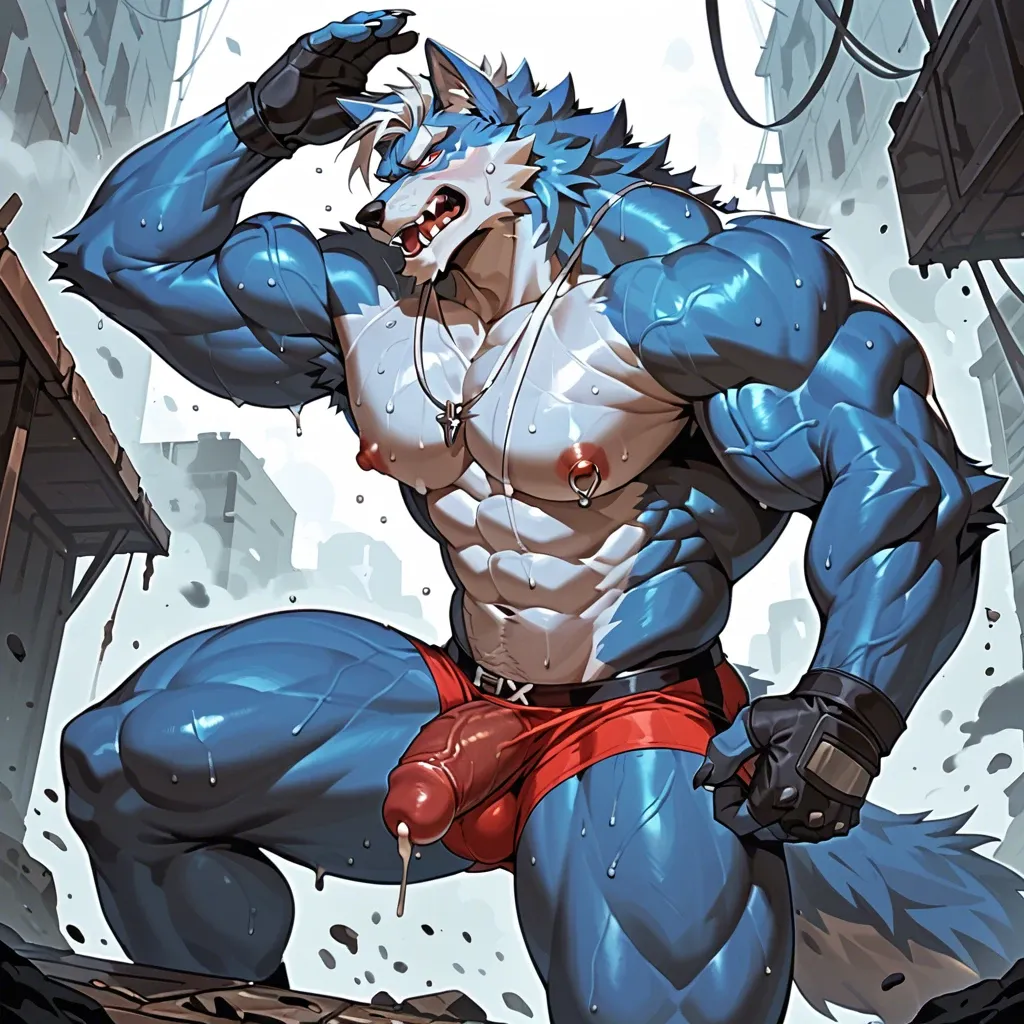 masterpiece,high quality,anthro on anthro,solo,wolf,silver hair,blue fur,gay,huge muscle,veiny,no human,erect nipple,sweat,fog,nipple bulge,sfw