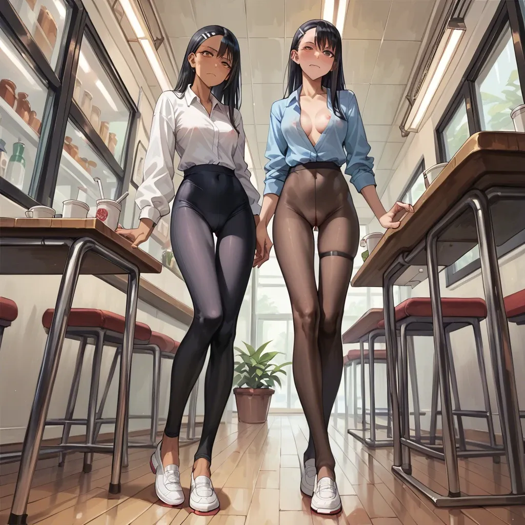 Nagatoro, leggings,  long legs, embarrassed look, long sleeve tight shirts. Pink nipples, at the cafe, standing posture, nipple slip, thigh gap, slender body, bottom view, foot.