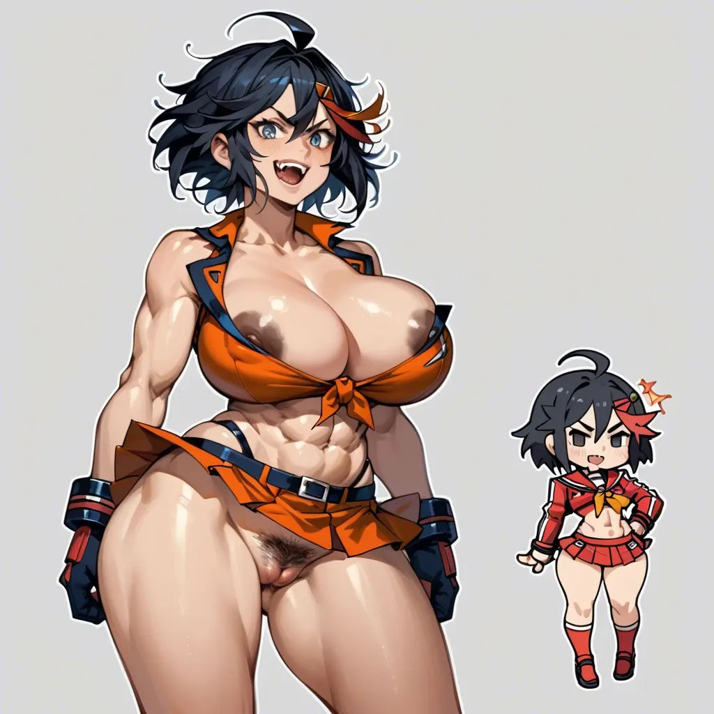 chibi, thick outline, Ryuko Matoi wear senketsu, micro skirt, areola slip, open mouth smile, fangs, abs, huge breasts, dark areola, fat ass, huge hips, huge pussy, hairy