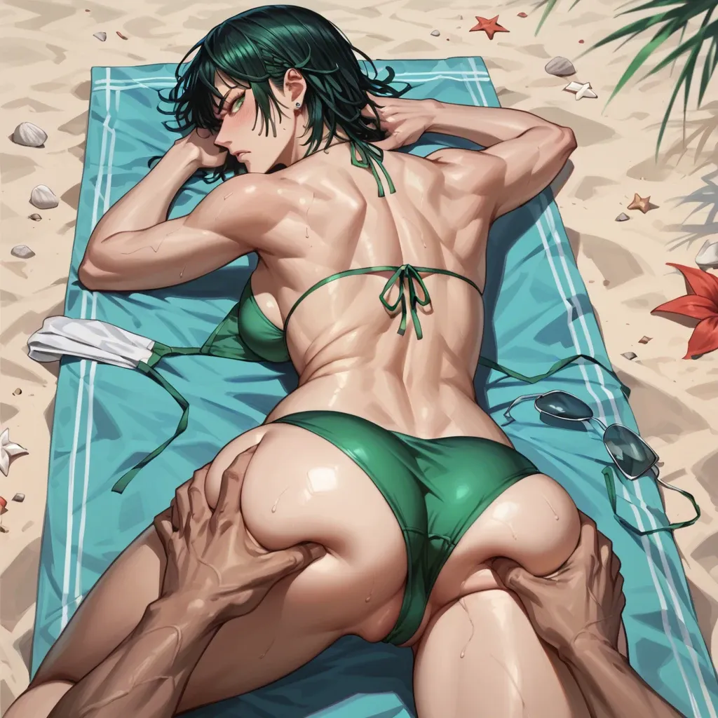 fubuki from one punch man at the beach ass grab backview angry sleeping green bikini