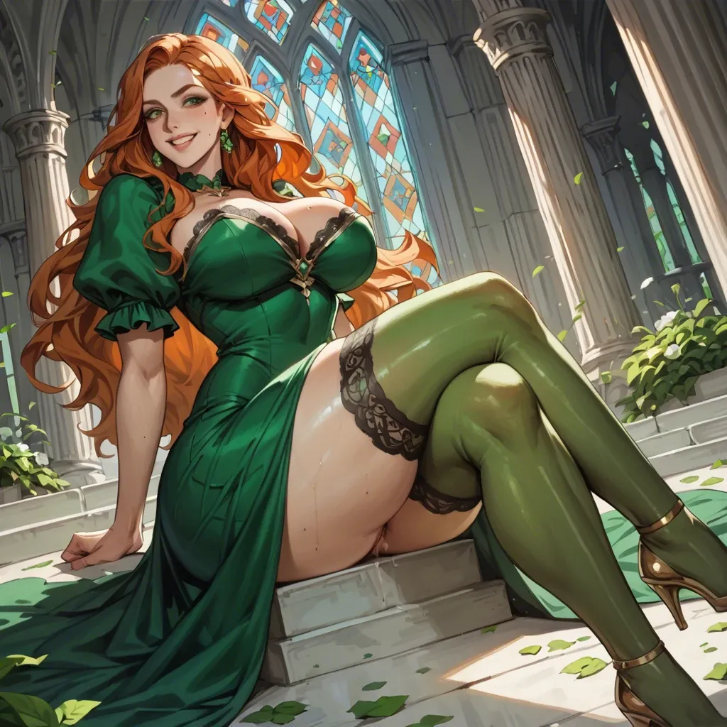 massive ass, massive tits, thick thighs, wide hips, love handles, thick, curvy, pawg, long wavy ginger hair, green eyes, dark green thigh highs, dress, castle gardens, smiling