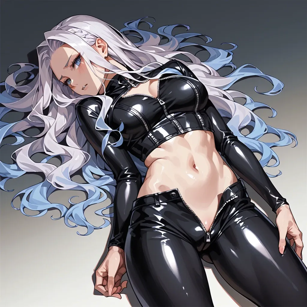 mirajane strauss, black unzipped exposed Catsuit laced up sides, cute anime style