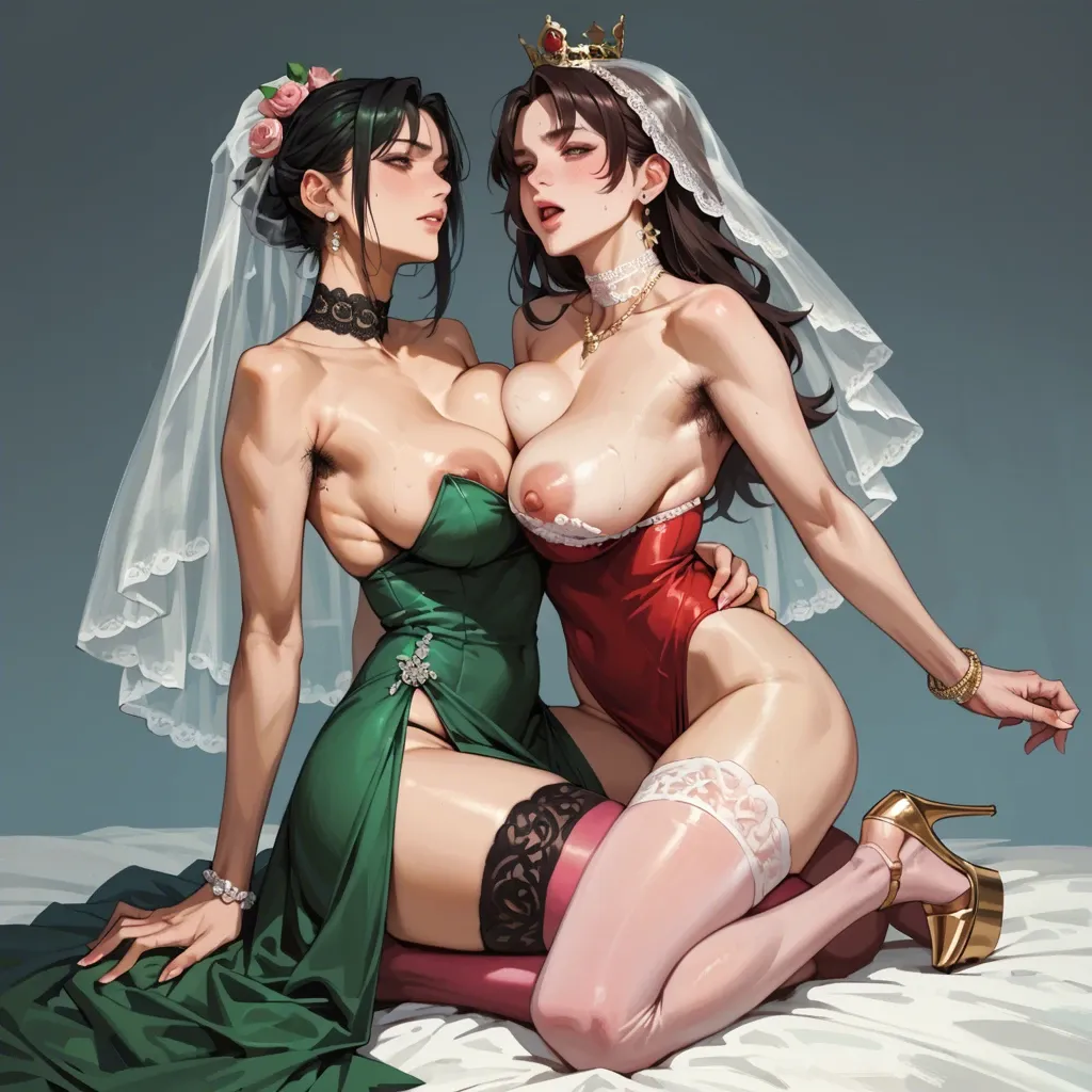 2girl, , , , rosy cheeks,hairy armpits,round big tits,breast press,bare shoulder, dark green gown,lace choker,bridal veil,bikini up,platform heels, red dress,pink stockings,gold crown,black bikini,heels, bare feet, garden, cyberpunk, dildo, uncomfortable, realistic skin, night sky, anna frozen