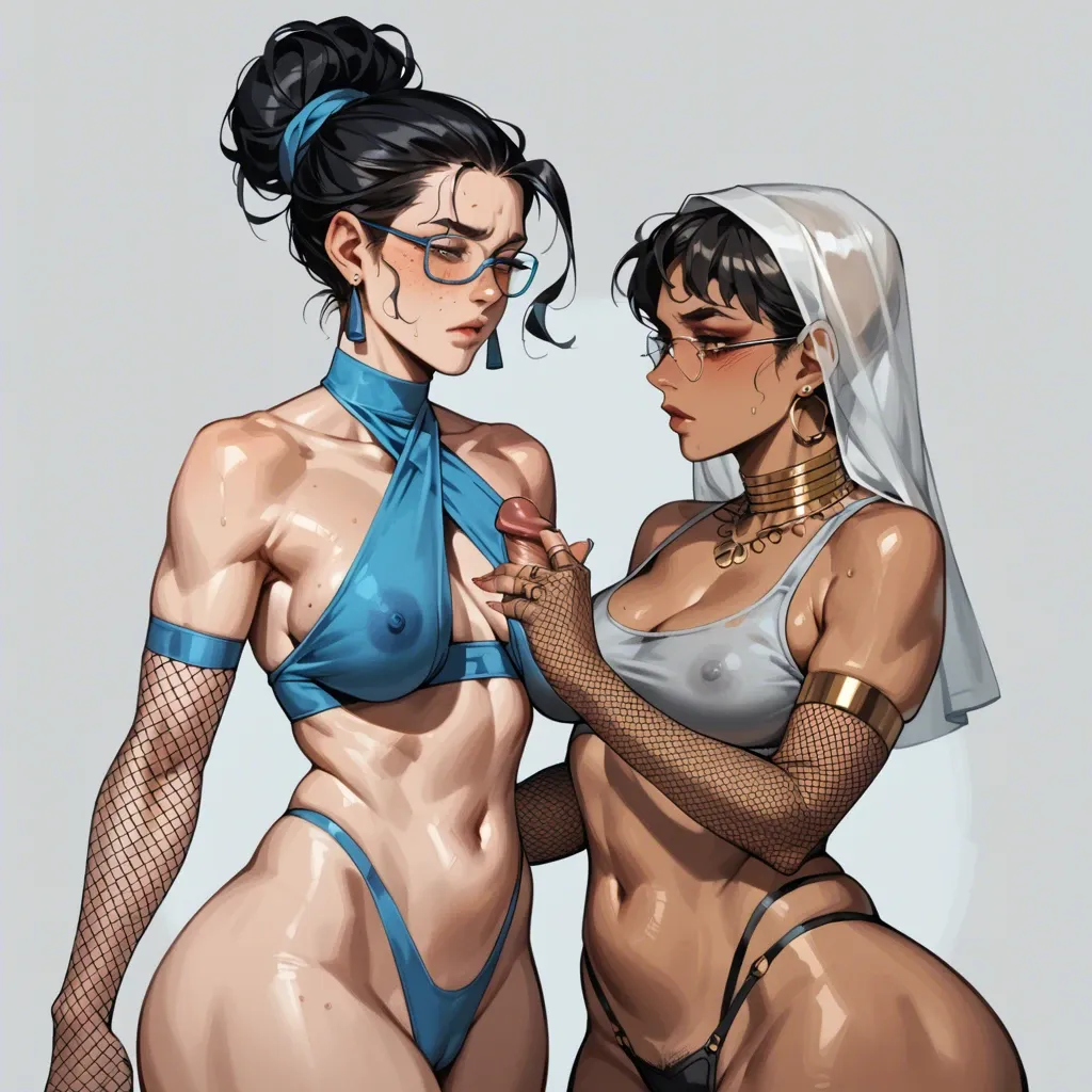 2girl, , , , touching body,perfect hands,blue nipples,arabian harem,elbows, light freckles,giving handjob,saggy breast,gigantic hips,elbow gloves, crop top,fishnet gloves,opaque glasses,gray sports bra,ballet shoes, shirt,heart necklace,tiara,pulled bra,armored boots, sparkles, medieval prison, on desk, illustration, dark penis, princess zelda, dynamic