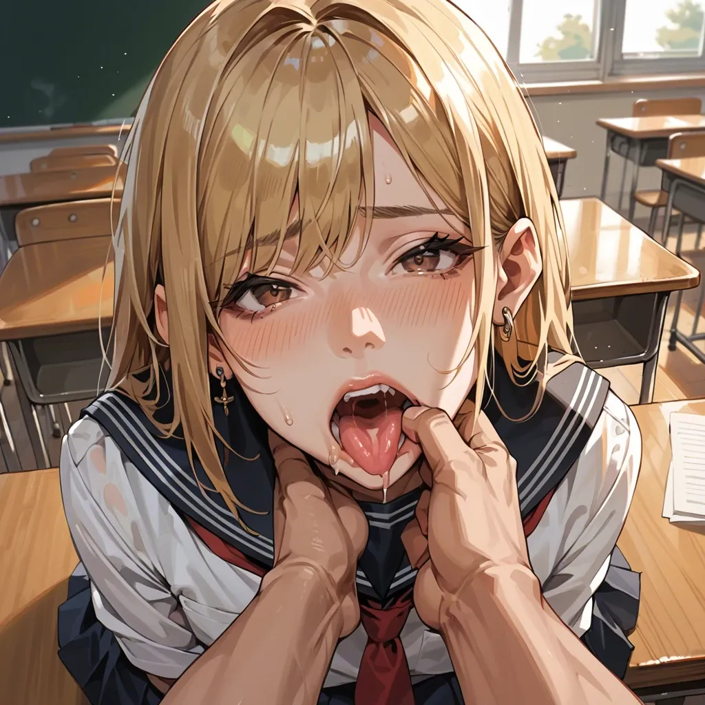 mouth wide open, finger in mouth, in school classroom, school uniform, brown eyes, shoulder length hair, femboy, blonde, earring in ear, pov, throat visible, steam from mouth, cute face, drooling