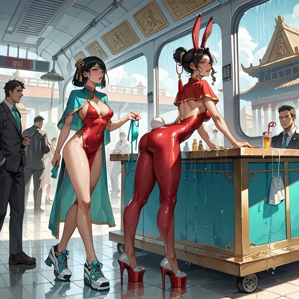 2girl, , , , cheek,hands on table,slippery nipple,rabbit tail,aqua necktie, gown,leggings,strings,wet bikini,sneakers, china dress,egyptian palace,capelet,maroon bodysuit,platform heels, shower, crowded train, medieval dress, robot girl, lara croft, jasmine