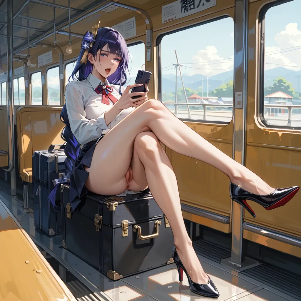 raiden shogun nude，in the bus，one hand put on bus handgrip，cell phone，Call up，Carrying a briefcase，High heel，long angle，standing，large breasts，Nipple rings，