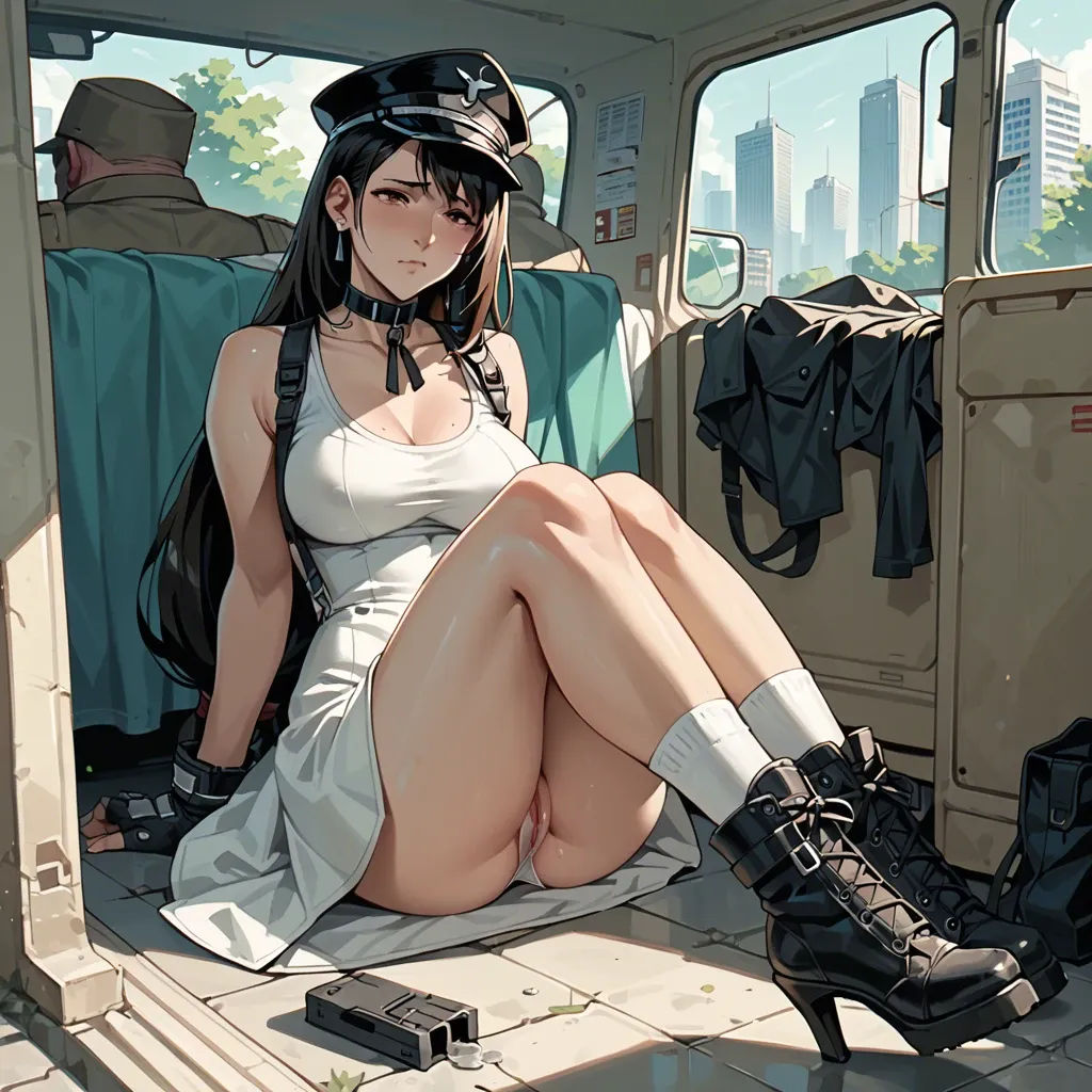 2girl, , , , cheek press,high heel,huge boobs,round boobs,skin hair detail, white dress,knee socks,military hat,white panties,boots, inside bedroom, public park, cyberpunk, collar, tifa, mari makinami, sexy, foot