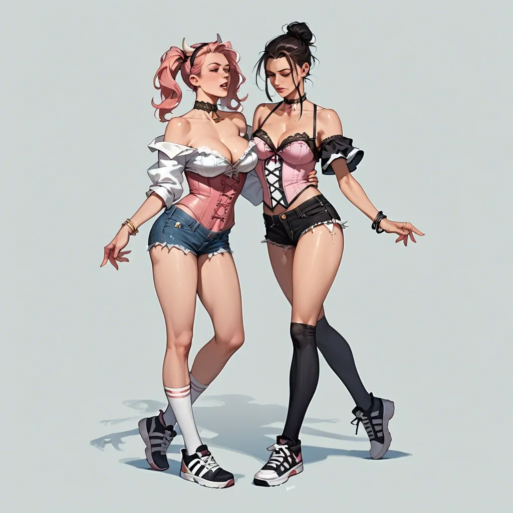 2girl, , , , dimples,arm support,perky breast,big breast,off shoulder, jean hotpants,laces,lace choker,no bra,black sneakers, cow costume,knee-high socks,bracelets,pink corset,ballet shoes, collared shirt,socks,gloves,bikini up,thigh boots, barely, crowded street, cyberpunk, high detailed, bright lighting, rapunzel waifu