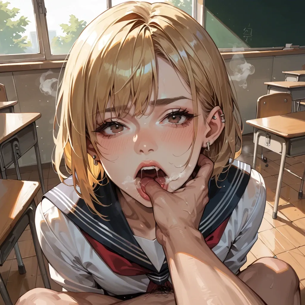 mouth wide open, finger in mouth, in school classroom, school uniform, brown eyes, shoulder length hair, femboy, blonde, earring in ear, pov, throat visible, steam from mouth