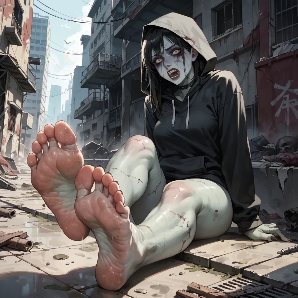 Zombie,1girl,foot,smelly feet,Abandoned city,hoodie.