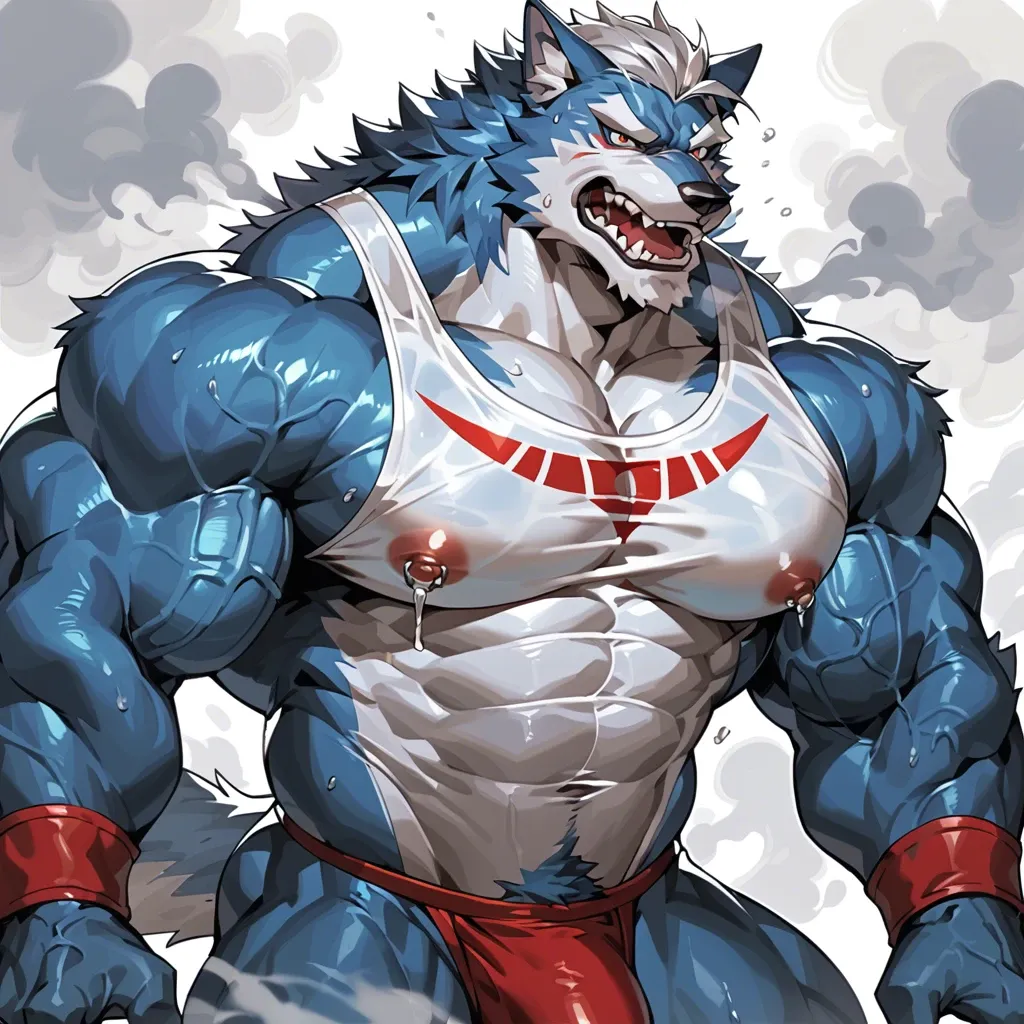 masterpiece,high quality,anthro on anthro,solo,wolf,silver hair,blue fur,gay,huge muscle,veiny,no human,erect nipple,sweat,fog,nipple bulge,