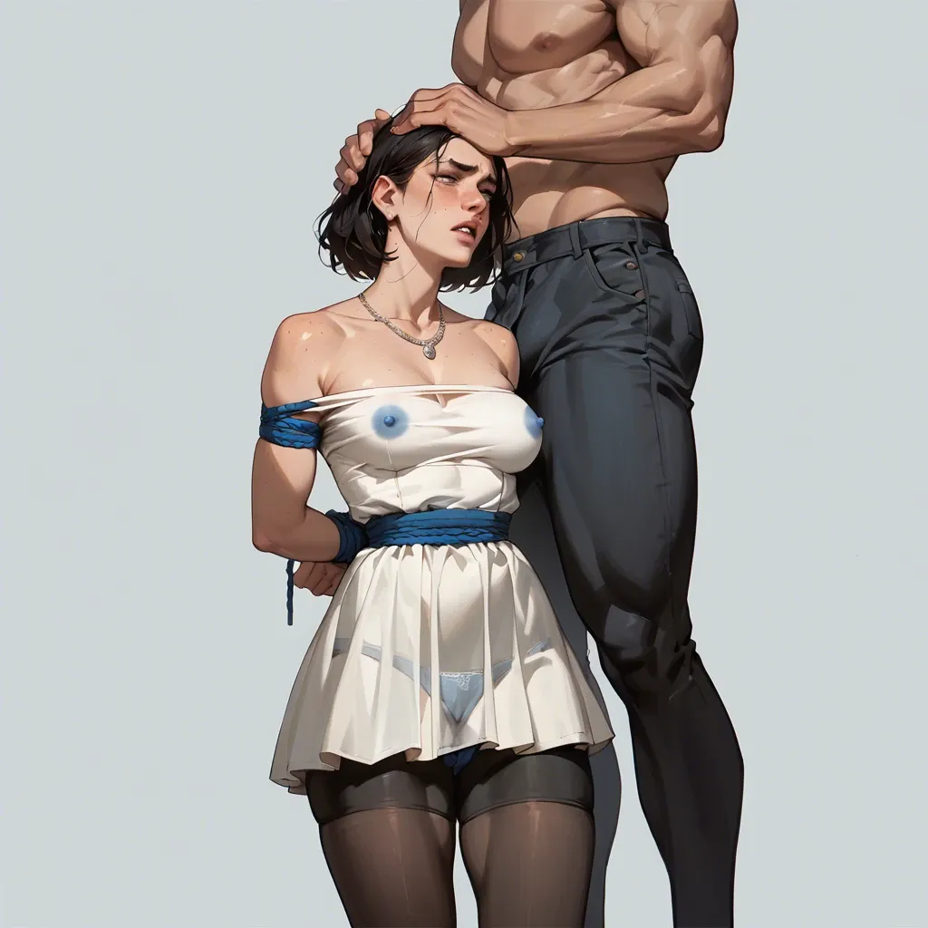 1girl,1boy, , , , perfect nose,bound arms,round tits,high waisted,necklace, freckles,hand on head,blue nipples,clenched waist,broad shoulders, white dress,black leggings,panties,blue panties,high heels, bedroom, max caulfield, detailed balls, brightly, spider-gwen, waifu