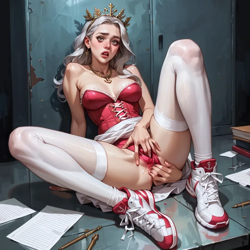 1girl,solo, , , , big round eyes,anal fingering,perky breast,breastfeed,pale skin, white skirt,anchor necklace,silver tiara,pink leotard,sneakers, office dress,leggings,laurel crown,red corset,black boots, royal bedroom, medieval prison, magic dildo, zelda, ariel waifu