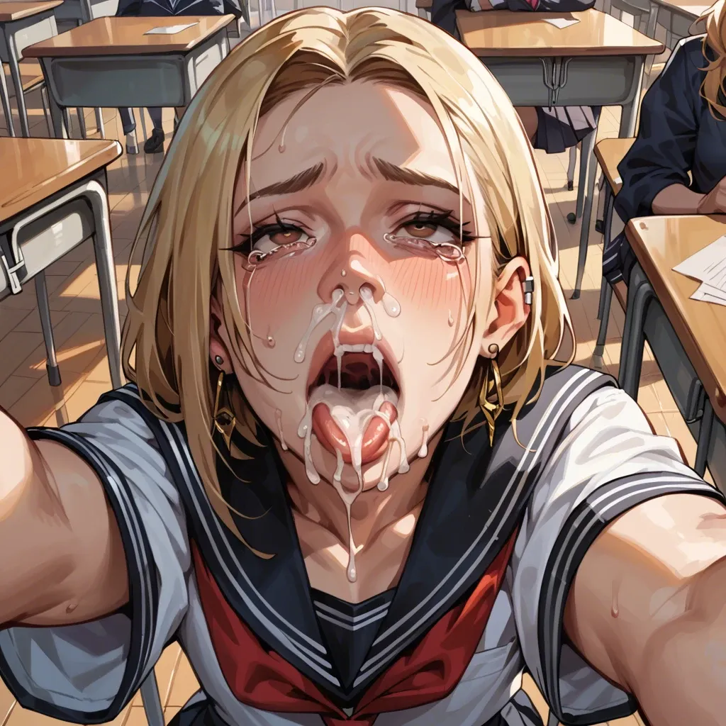 in school classroom, outstretched arm selfie, mouth wide open, deep throat, lots of cum, femboy, in school uniform, brown eyes, shoulder length hair, blonde, earring, cum from nose, tears, ahegao, deep throat, swallows cum