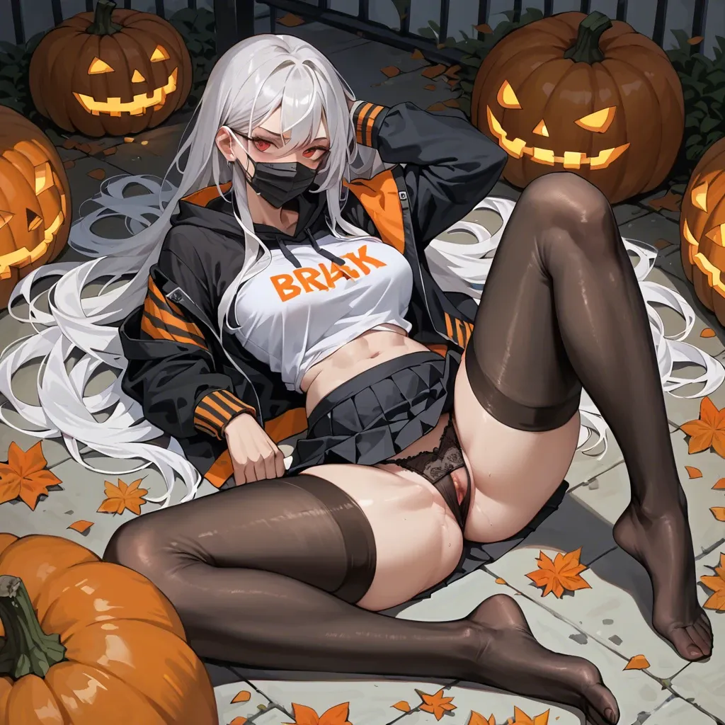 White girl in black mask, black bra and black panties, white long hair, black stockings with orange stripes, red eyes, black skirt with orange stripes, black hoodie, pumpkin t-shirt