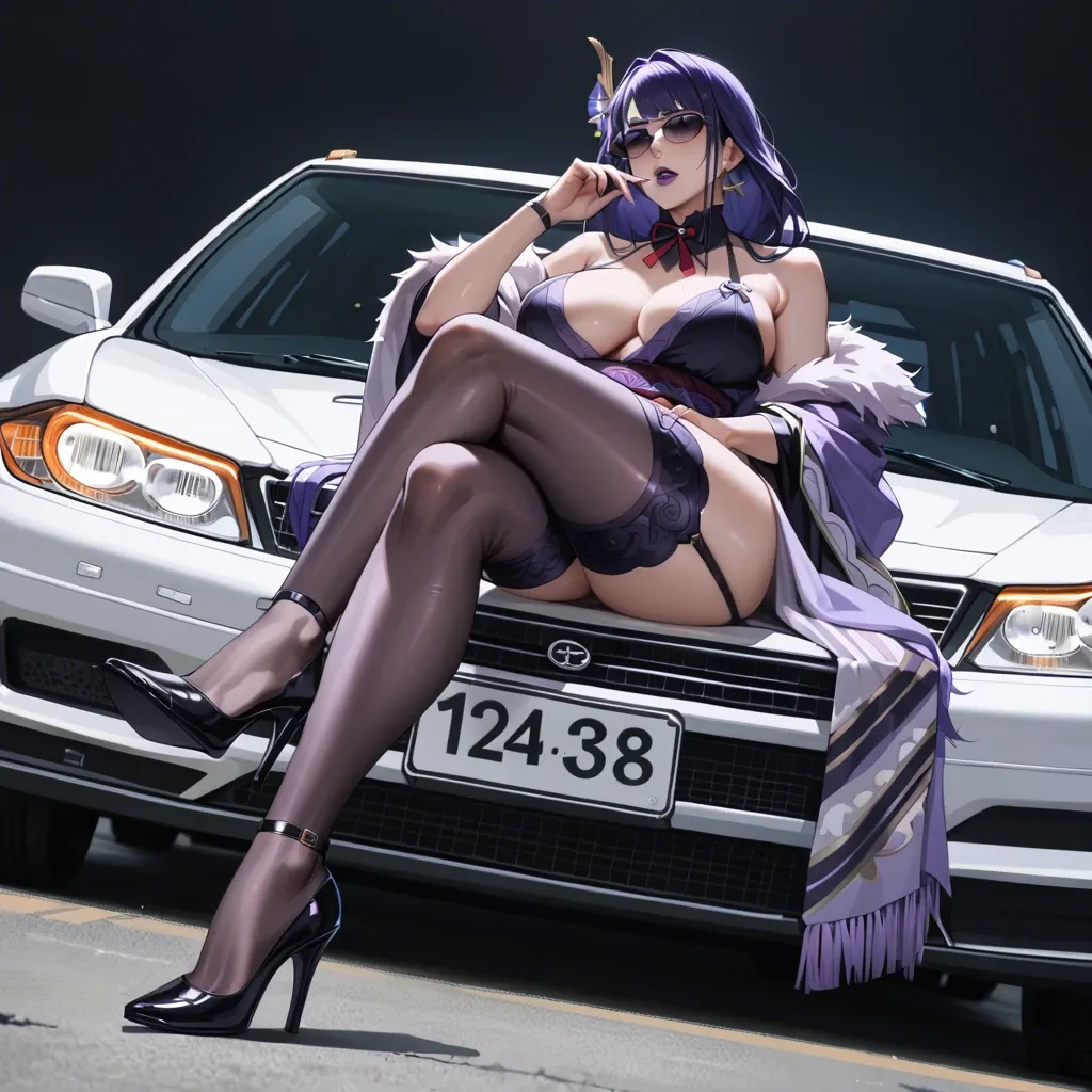 raiden shogun nude，Car back seat，sunglasses，double crossed legs，black high heels，large breasts，low angle，purple lipstick，purple fur shawl，