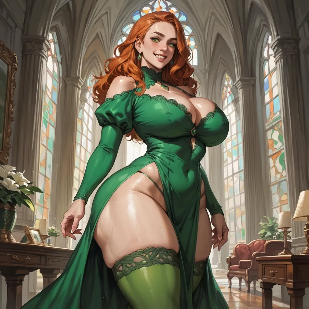 massive ass, massive tits, thick thighs, wide hips, love handles, thick, curvy, pawg, long wavy ginger hair, green eyes, dark green thigh highs, dress, castle bedroom, smiling, shaking ass