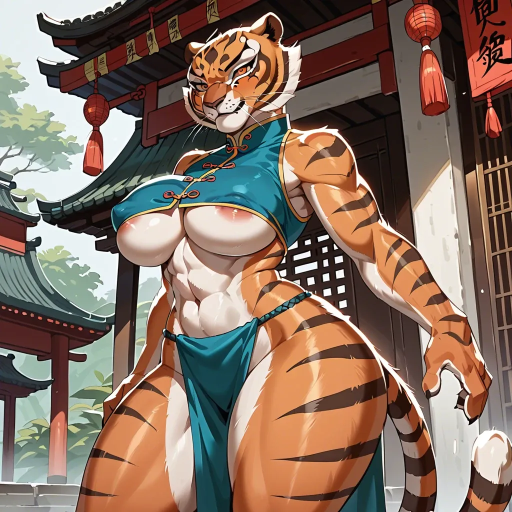 cartoon, chinese house, Tigress (kung fu panda), closed chinese hanfu with loincloth, fluffy body,big breasts,huge ass and hips,wide hips