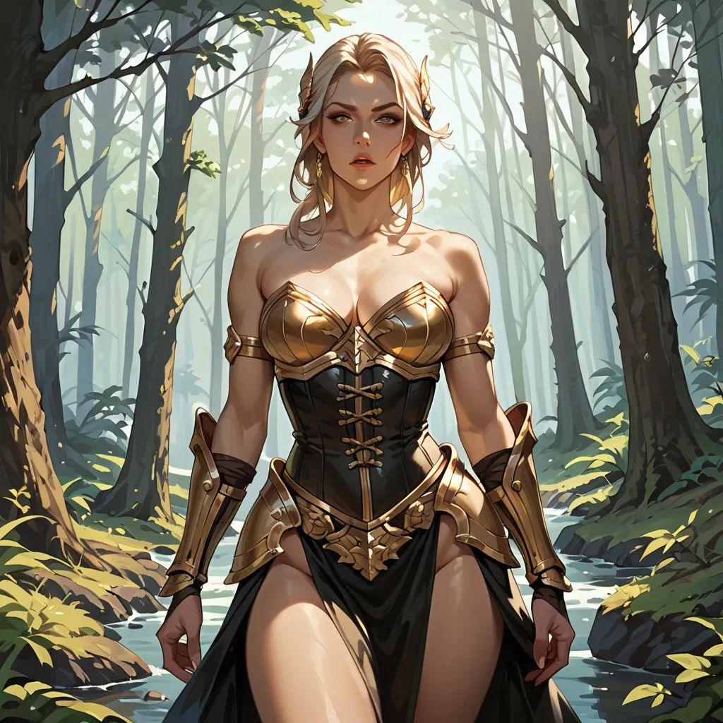 Fantasy, Forest, Fae, sexy, seductive, gold armor, black corset, gown