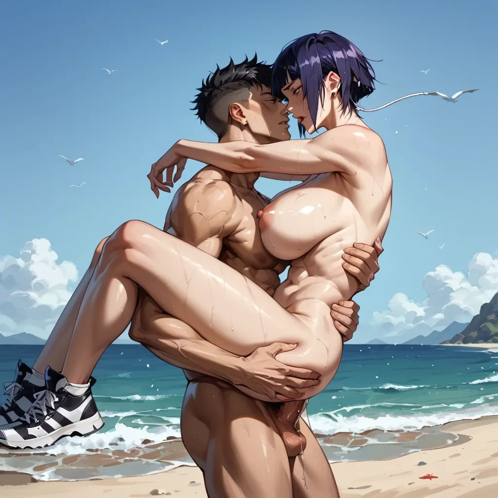 Kyoka Jiro muscle sneakers huge breasts naked beach sex stand and carry position