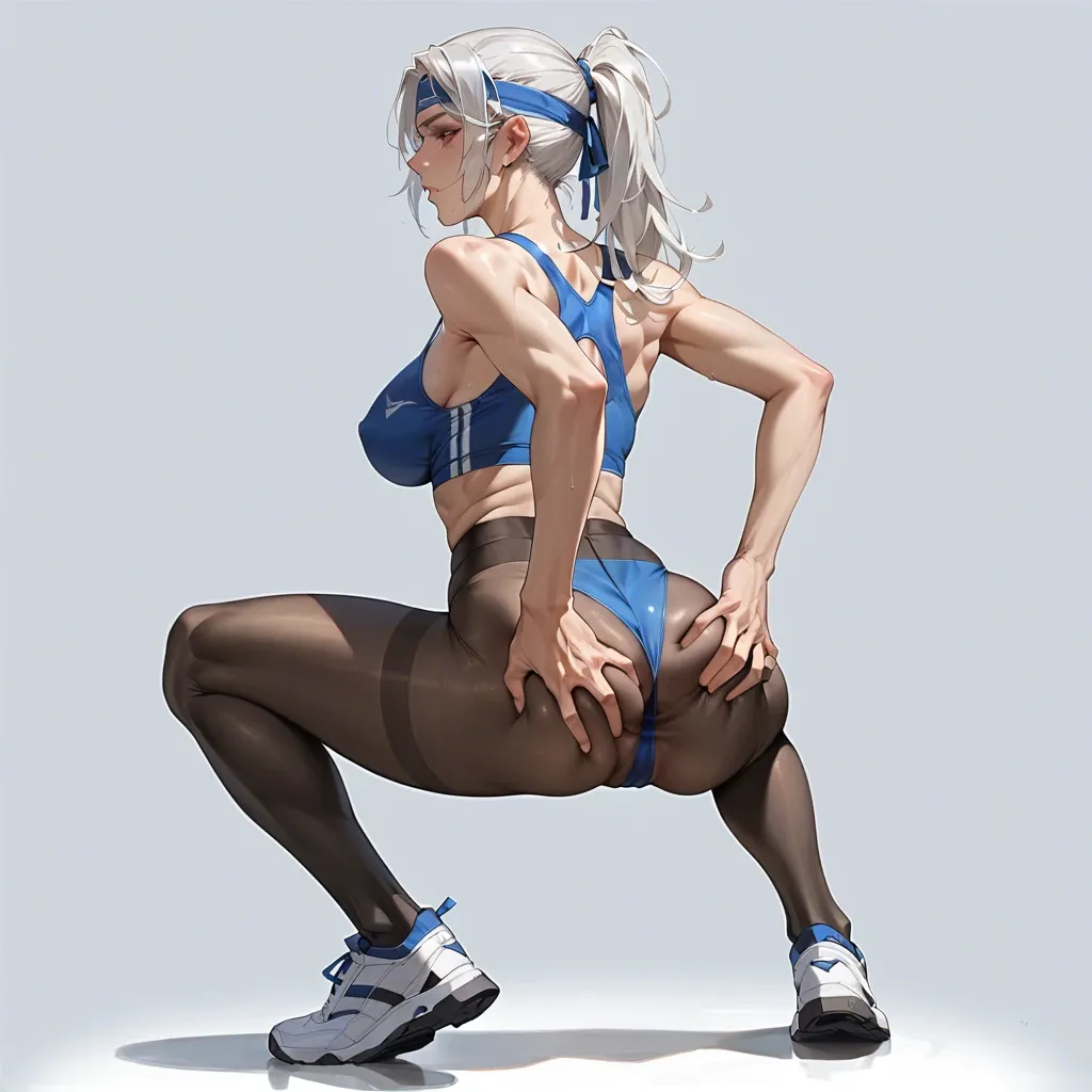 slim, big breasts, aerobic costume, knee socks, sports pantyhose, sport shoes, headband, white hair, ponytail, guy and girl, butt grab