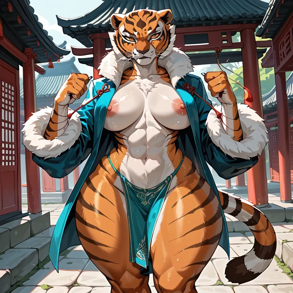 cartoon, chinese house, Tigress (kung fu panda), сhinese long sleeve jacket with loincloth, fluffy body,big breasts,huge ass and hips,wide hips