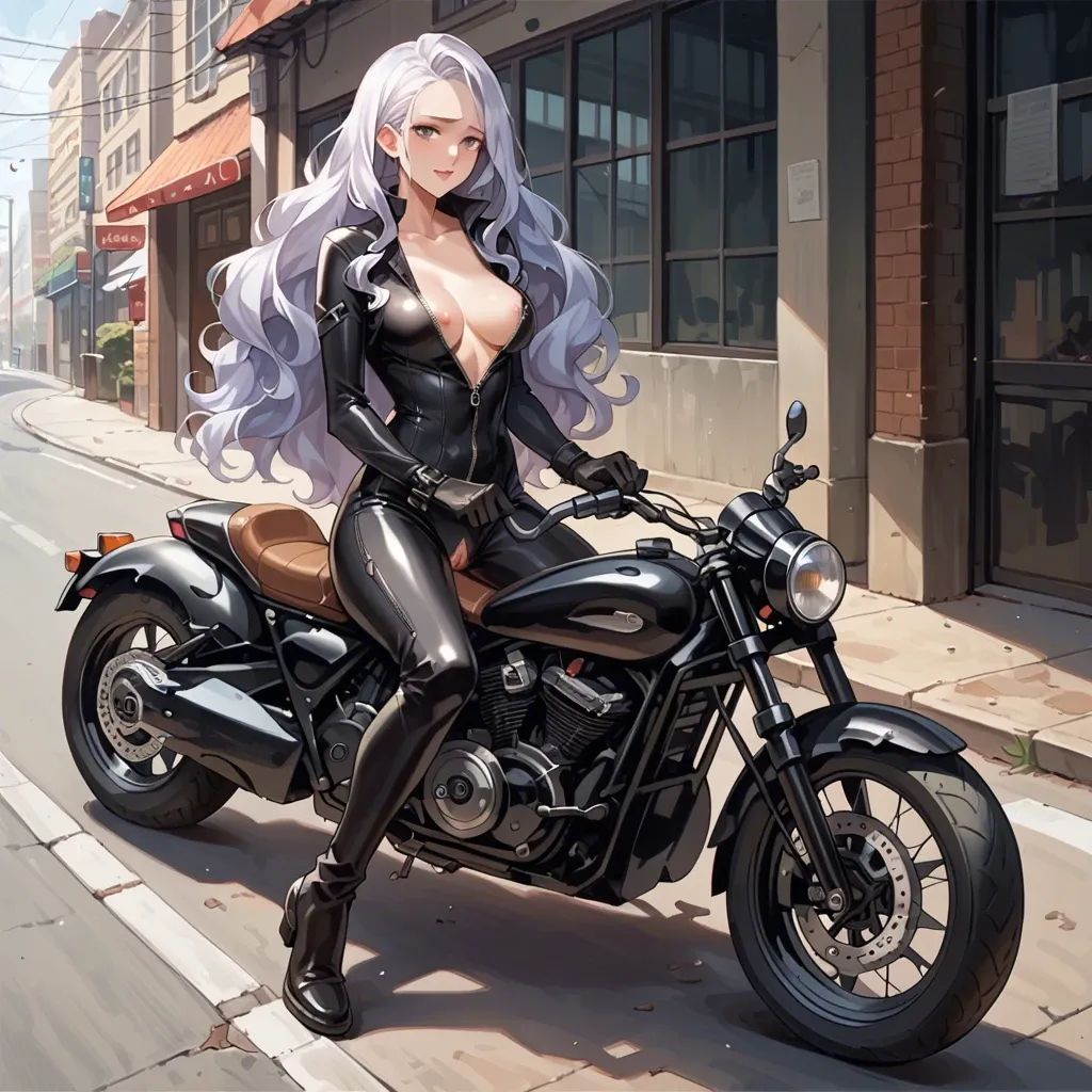 mirajane strauss, black fully unzipped exposed Catsuit  , large long motorbike, sexy, anime cute style, straight hair, backward sitting on motorbike, sitting flipped, vaginal sex, 1guy