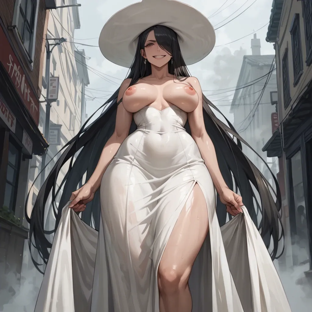 very tall woman, long white dress, big white hat over face, extremely long dark hair, extremely enormous tits, very wide hips, dark street, fog, exposed nipples, evil smile, topless, bellow view, massive hard penis