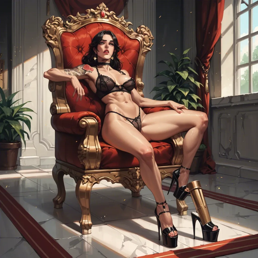 1girl,solo, , , , nose,arms,big perky boobs,adorable,shoulder tattoo, army uniform,lace thong,linked collars,hand on panties,platform heels, hotel, sparkles, throne room, collarbone, mario and luigi