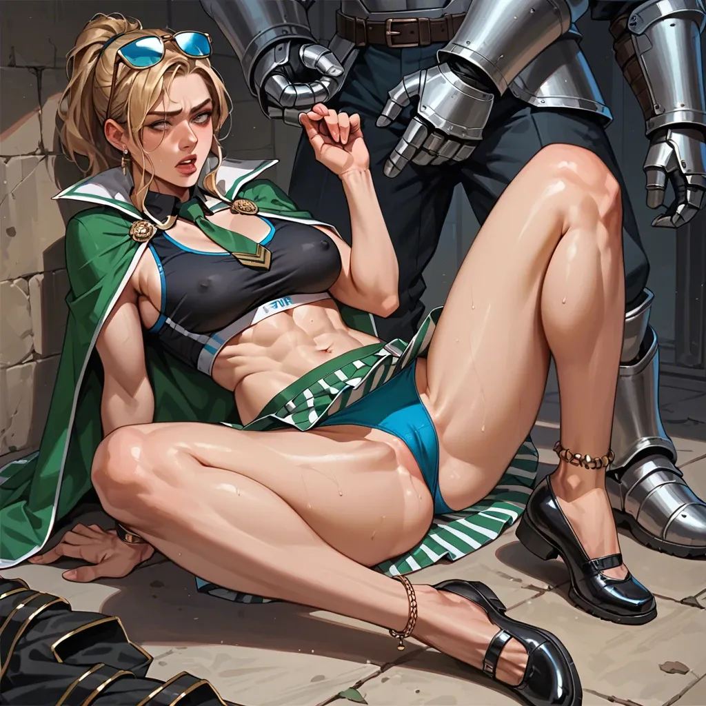 2girl, , , , eyewear on head,perfect hand,perky nipples,pec,necktie, tight tank top,anklets,blue panties,black leotard,shoes, dark green gown,striped skirt,capelet,sports bra,armored boots, bedroom, dungeon, huge dildo, ultra realistic, dark skin man, linked collars, waifu