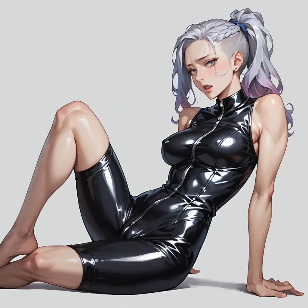 mirajane strauss, front ponytail, sleeveless   leather bodysuit high cut jumpsuit ,exposed legs,