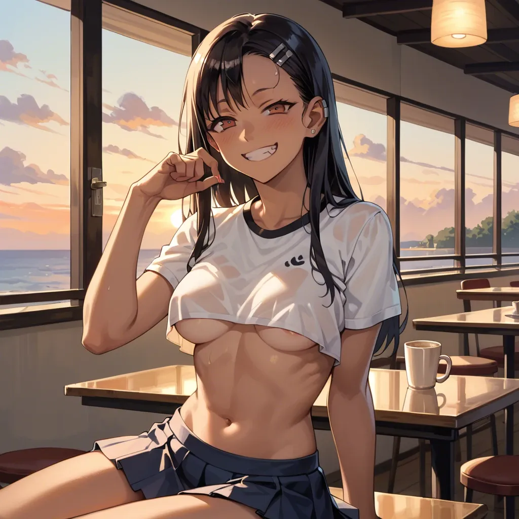 Hayase Nagatoro, naughty smile,  sensual,  top-crop shirt and pleated miniskirt underboobs and belly button, sit on a chair in café in Rome, oudoor, sunset, play of shadows, beautiful lighting, subtle pastel tones, 8k