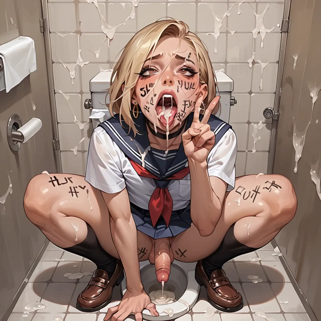 sexy face writing, school toilet, squatting with legs spread, mouth wide open, cum in mouth, cum everywhere, dick visible, balls visible, school uniform, brown eyes, shoulder length hair, femboy, blonde, earring in ear, ahegao, V-sign, top view, cum all over,