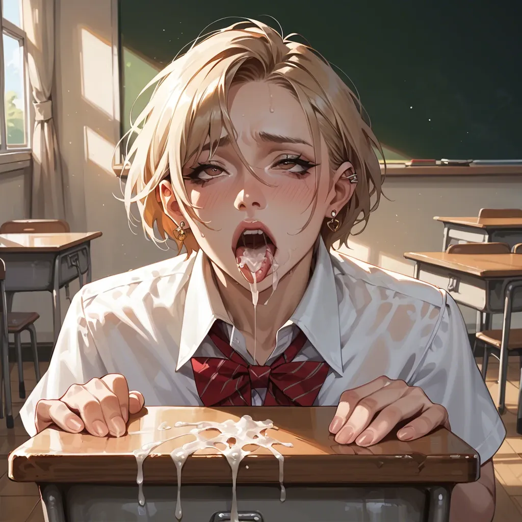 1 femboy, , , , 1 man, , , , in a school classroom, under a desk, a lot of cum, in a school uniform, mouth wide open, brown eyes, shoulder length hair, blond, earring in ear, ahegao, cum in mouth, cum explosion, thick cock, holds femboy's head, pov