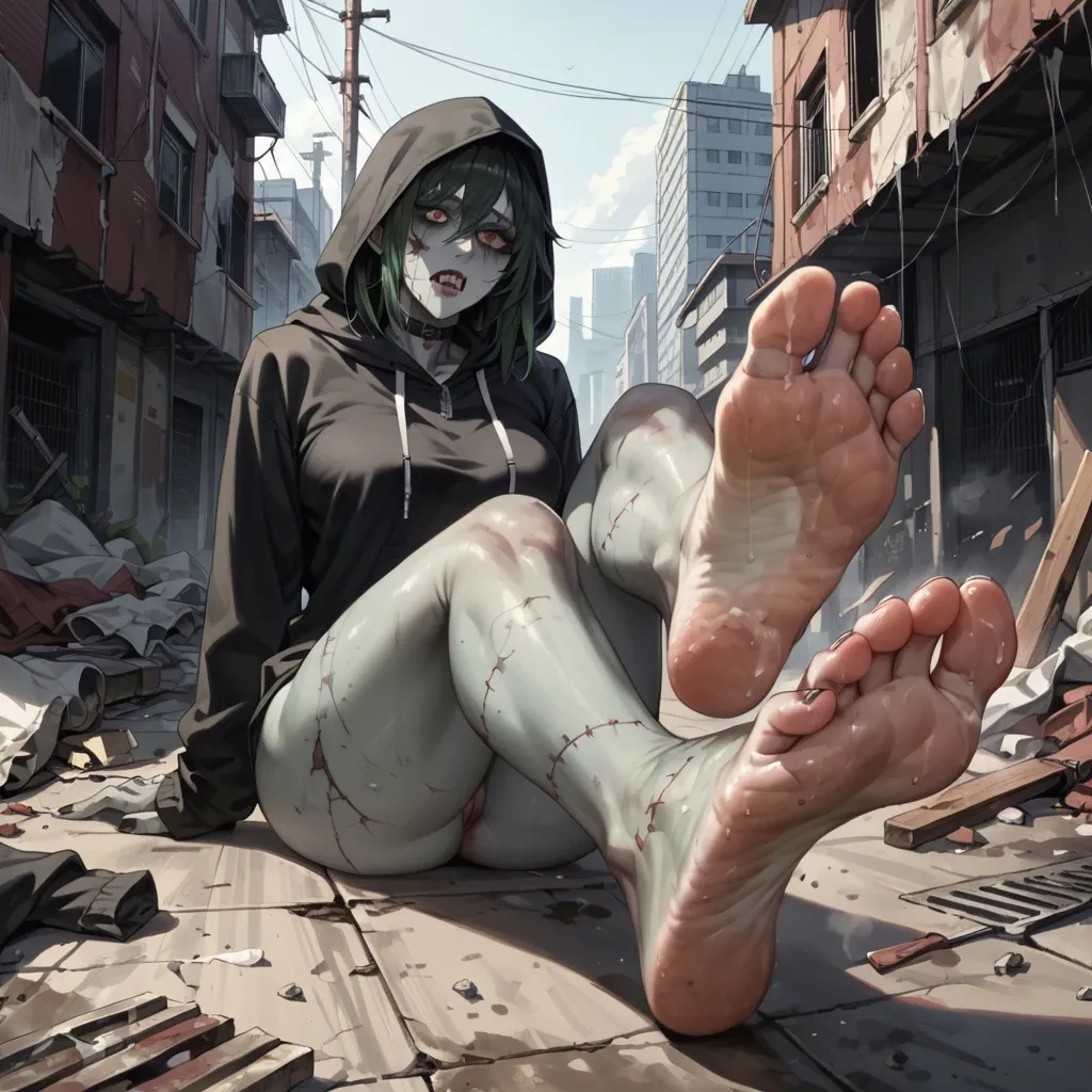 Zombie,1girl,foot,smelly feet,Abandoned city,hoodie.