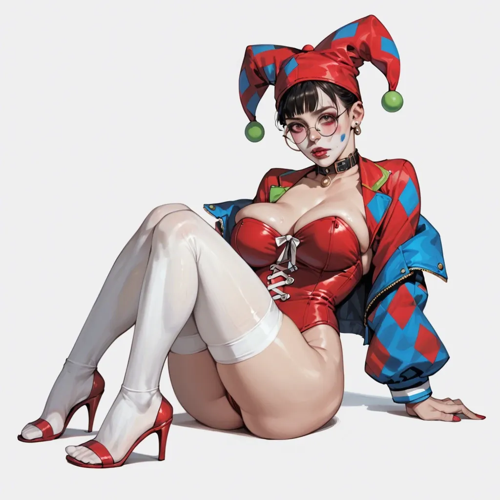 1girl,solo, , , , cheek,soles,round breasts,breasts exposed,very skinny, costume,white stockings,jester cap,corset piercing,sandals, open jacket,baggy socks,round glasses,maroon bodysuit,stiletto heels, hotel exterior, new york city, medieval, close camera, elsa, waifu