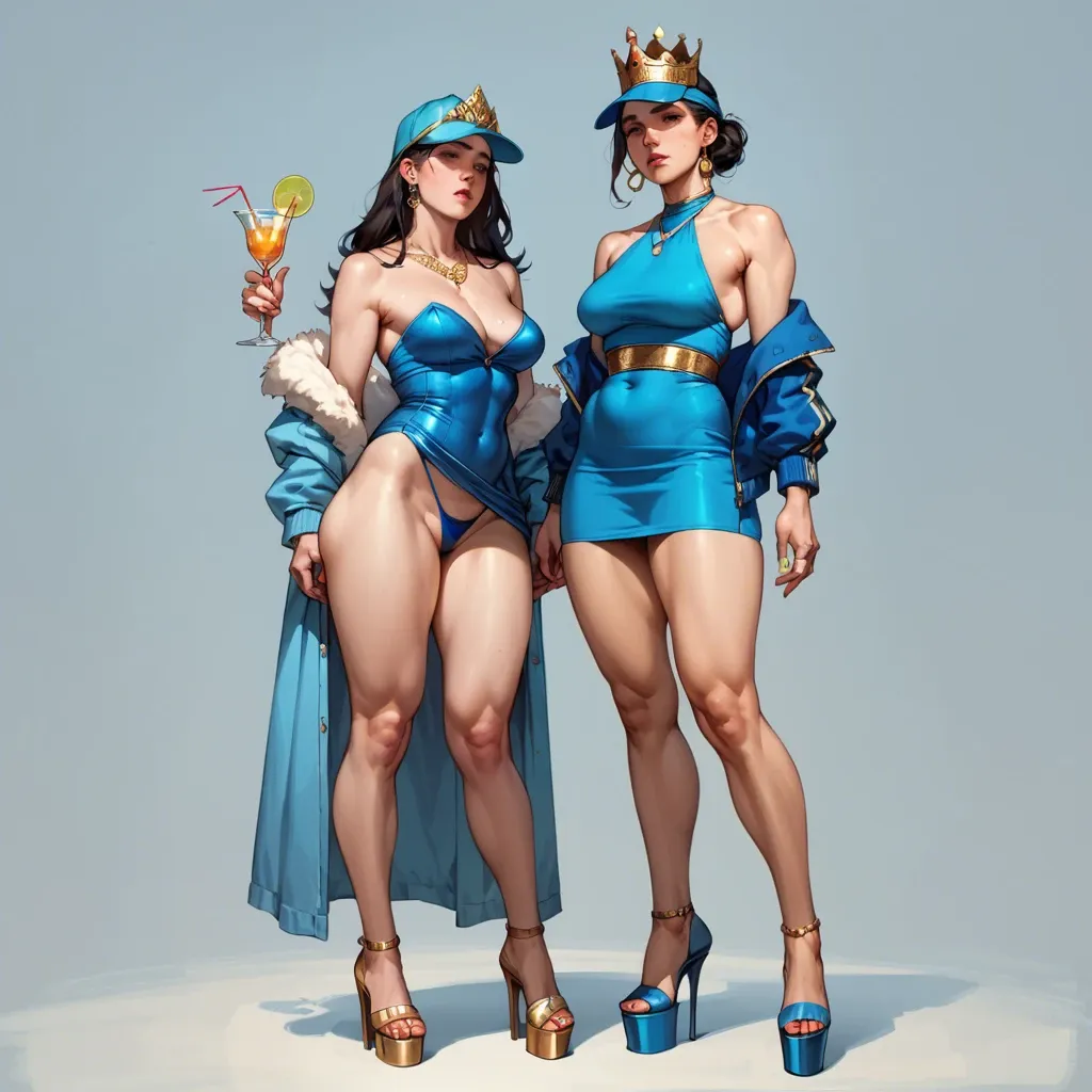 2girl, , , , strong jaw,knees,saggy boobs,wide plump hips,bare shoulders, cocktail dress,gold anklets,crown,blue panties,platform heels, blue jacket,necklace,tennis cap,blue panties,knee boots, shirt lifted up,leg warmers,rings,lace lingerie,no shoes, shower, chair, lara croft, spider-gwen, rapunzel waifu, full nude, boobs nude, pussy nude, sucks dick