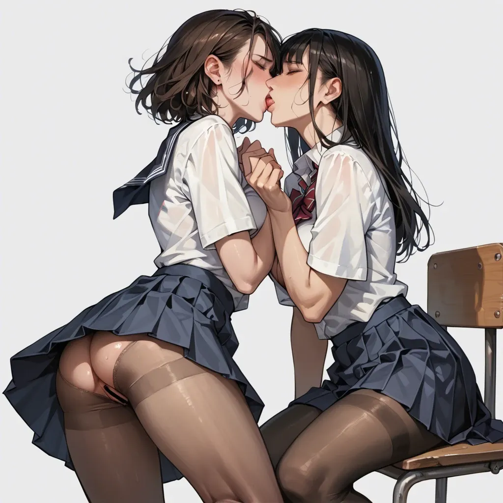 School uniform, pantyhose, upskirt, nude, open boobs,  two girls, kissing