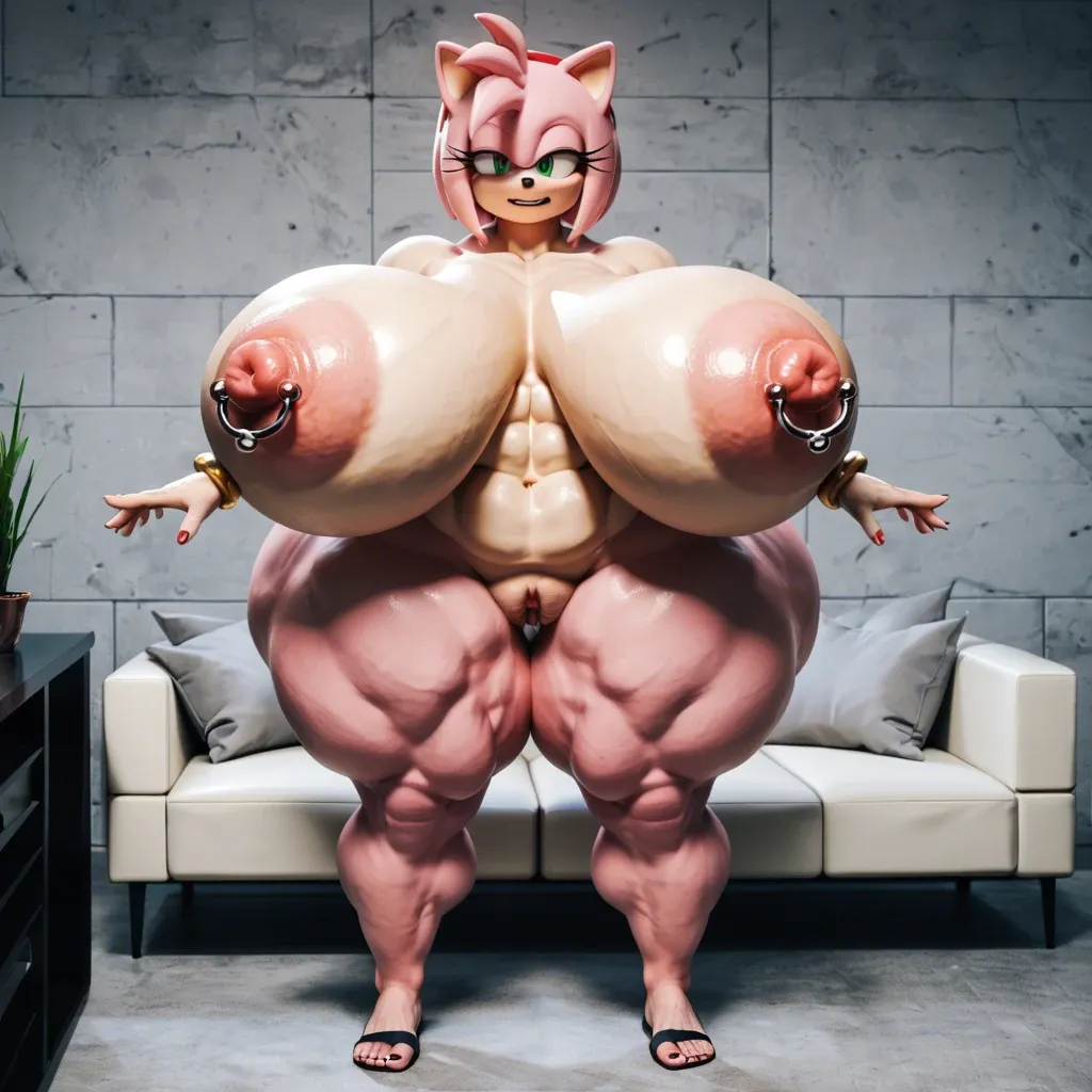 3d, furry Amy Rose, slightly muscle, big breasts, gigantic nipples, big ass, huge hips, massive pussy, nipple piercing