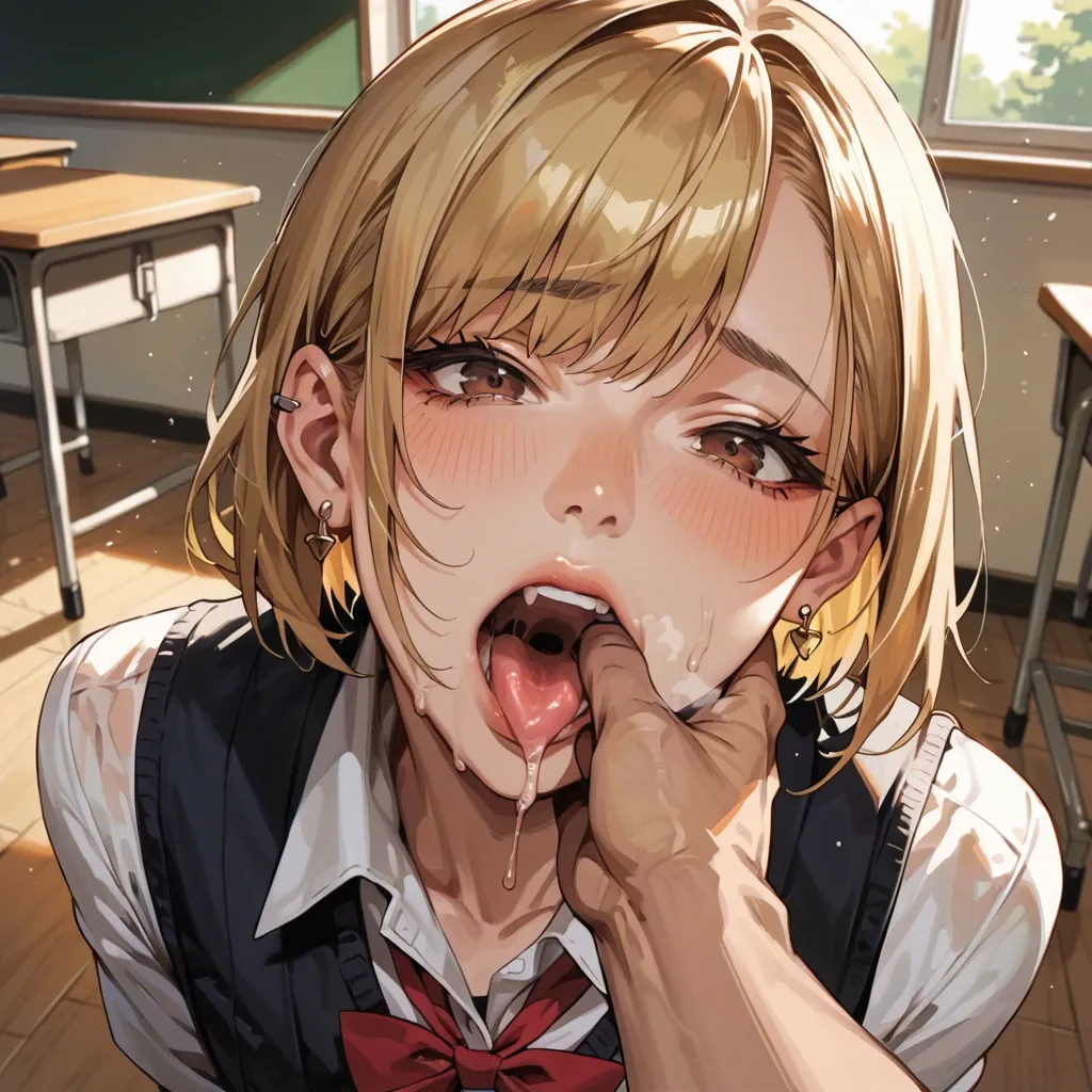 mouth wide open, finger in mouth, in school classroom, school uniform, brown eyes, shoulder length hair, femboy, blonde, earring in ear, pov, throat visible, steam from mouth, cute face, drooling