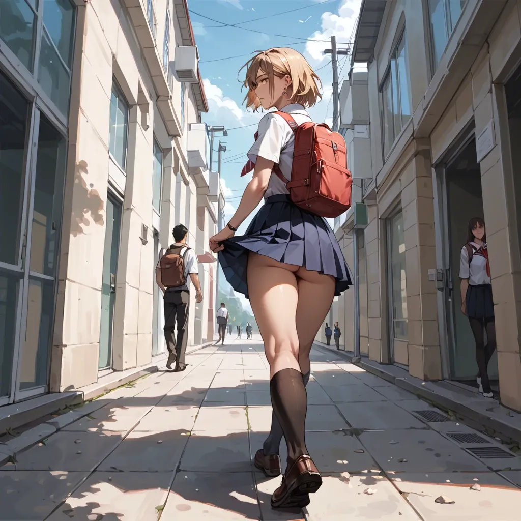 skirt lifted up from behind, ass visible, school yard, public, femboy, shoulder length hair, blond, brown eyes, earring, school uniform, walking, low angle, backpack on back