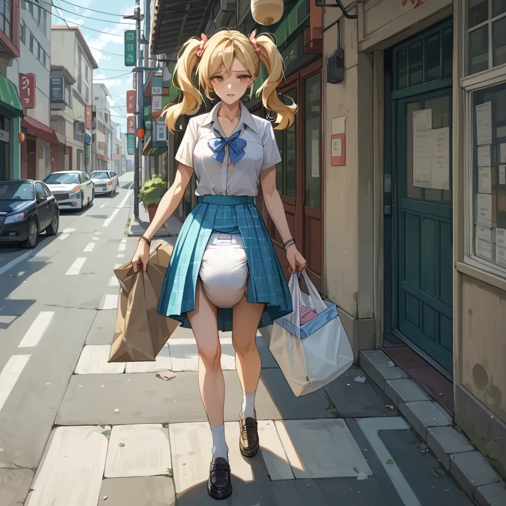 human girl wearing bulky abdl diaper, diaper under skirt barely visible, blonde hair, 2 hair pony tails, walking Kyoto street