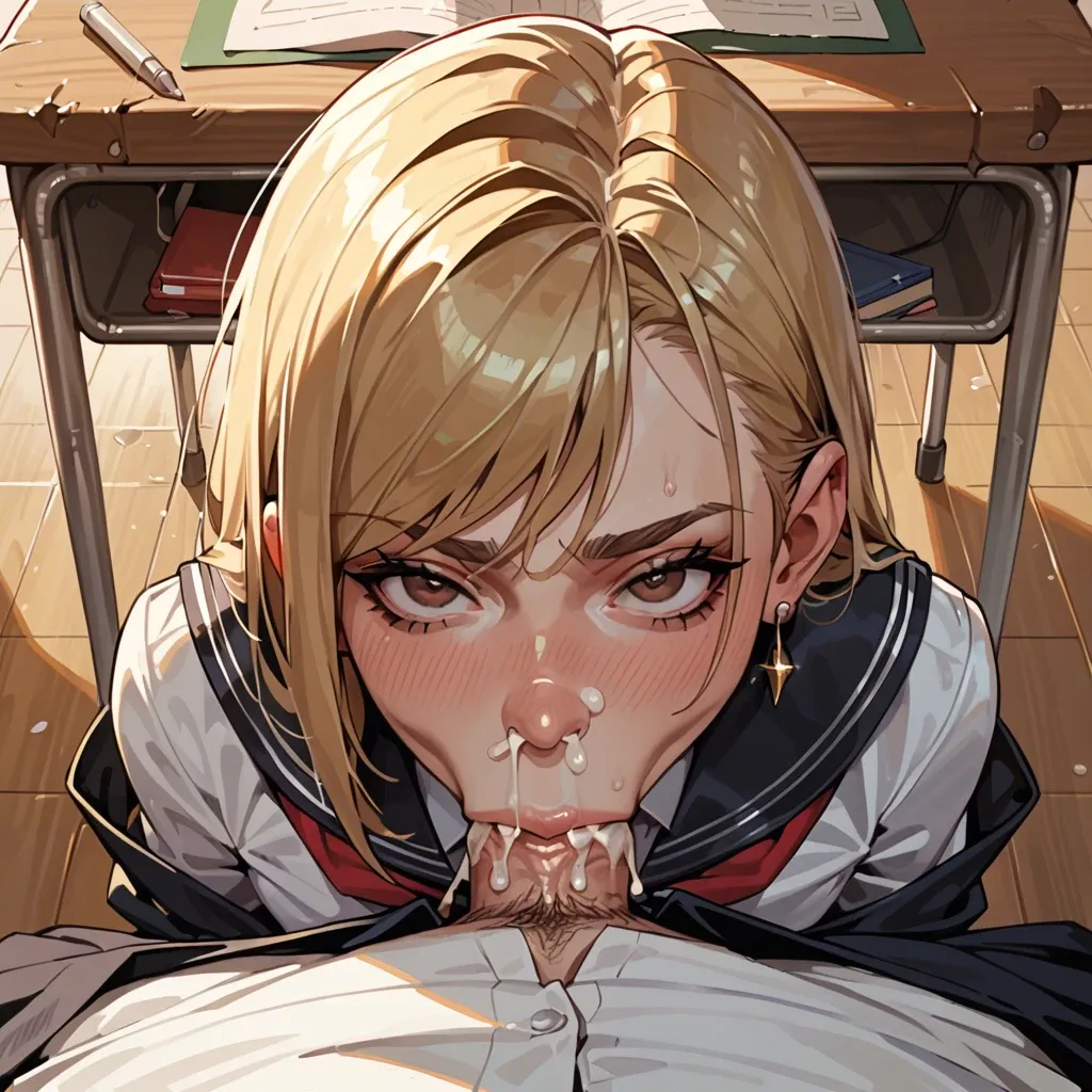 In a school classroom, under a desk, lots of cum, pov, cum coming out of nose, deepthroat blowjob, , , , ,1 femboy, , , , in school uniform, shoulder length hair, blonde, earring in ear, brown eyes, ahegao, deepthroat blowjob, happy face, tears, , , , , 1 boy, , , , huge cock, thick cock, in business suit, big balls