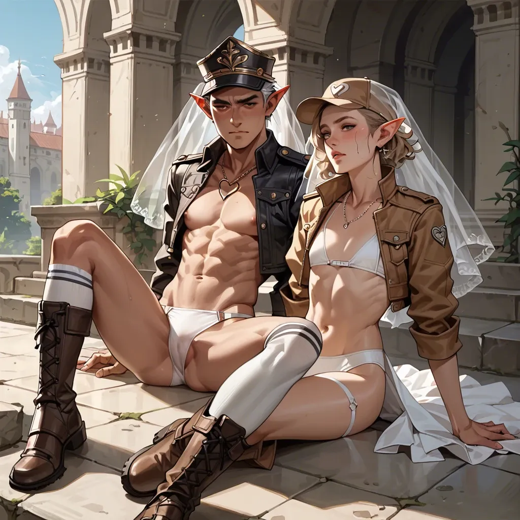 2girl, , , , strong jawline,armor,flat chest,pectorals,heart necklace, cropped jacket,elf palace,bridal veil,no bra,brown boots, plain t-shirt,knee socks,garrison cap,white swimsuit,white sneakers, white tank top,palace bedroom,tennis cap,thongs,high heels, women bare feet, streets, tavern, phone screen, shelf, cartoon, moody lighting, tifa lockhart, anna frozen, dynamic angle