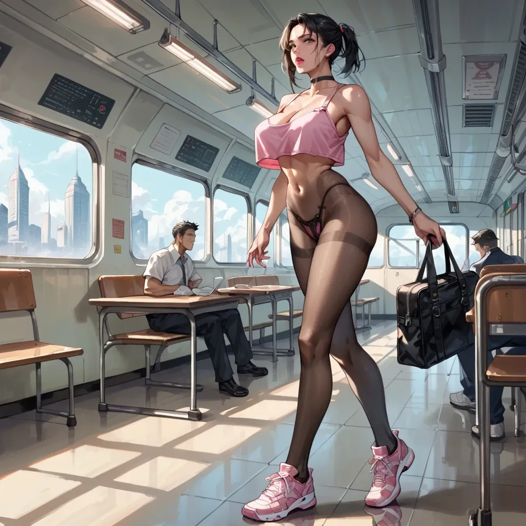 2girl, , , , pink lipstick,legged,big breast,black fabric,wide shoulders, pink crop top,pantyhose,black choker,cotton panties,running shoes, in classroom, train, spaceship, facing camera, cyborg, source anime, studio lighting, linked